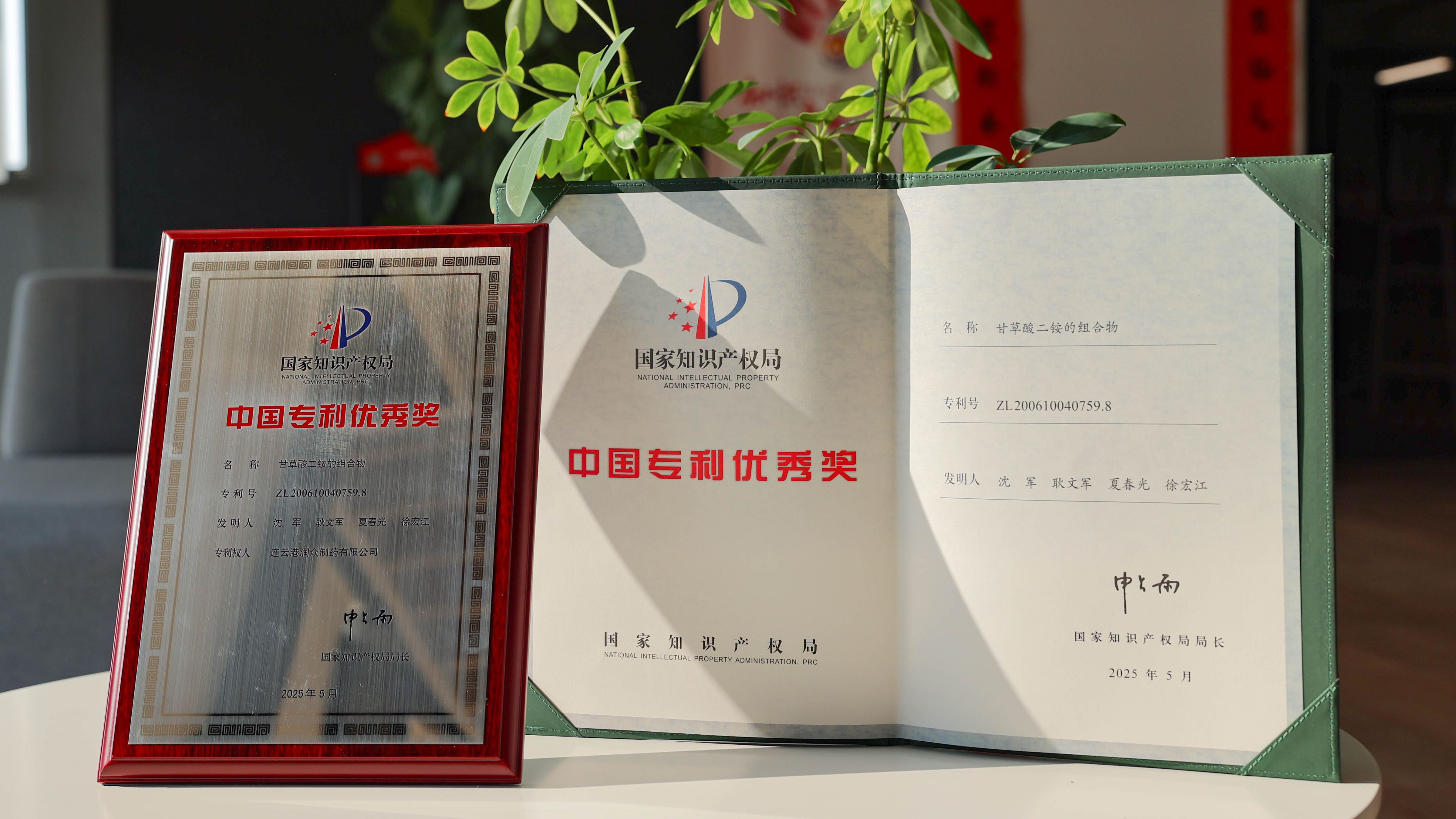 正大天晴连云港润众制药的“甘草酸二铵的组合物”（ZL200610040759.8）获得国家知识产权局颁发的第二十五届“中国专利优秀奖”。